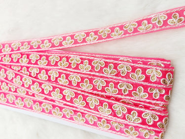 Wholesale Cerise Pink Net Lace Floral Embroidery & Glitter Gold Sequins, Indian Wedding Border, Gifting Ribbon Costume Trim Fashion Trimming
